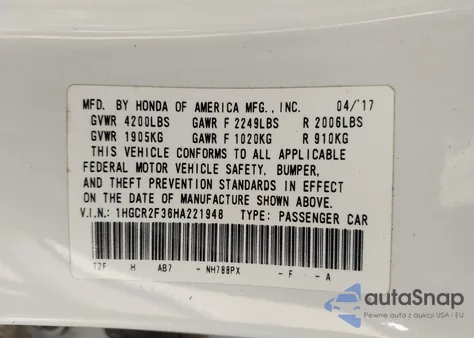 2017 Honda Accord Lx из США, поврежденный, VIN 1HGCR2F36HA221948